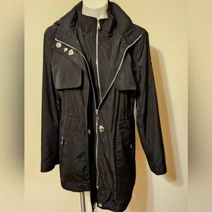 Black Calvin Klein lightweight lined jacket with detachable hood.